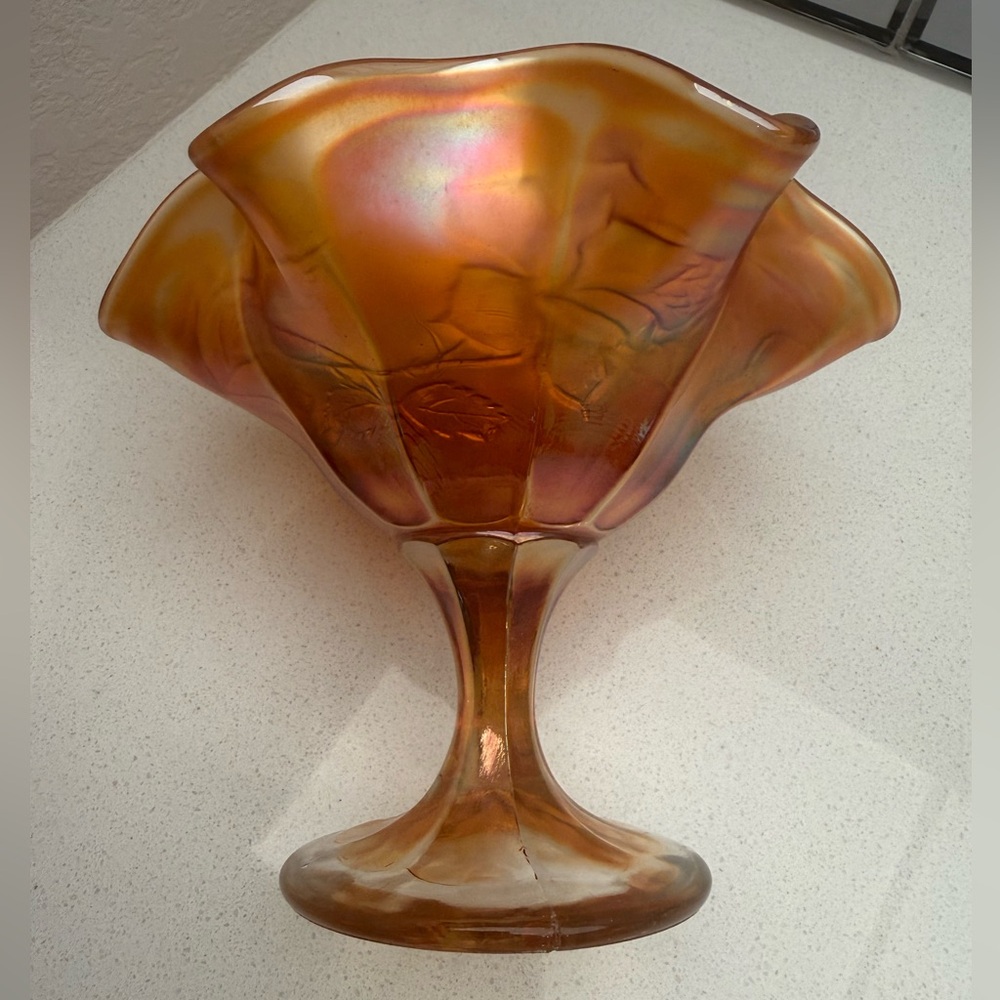 Vintage Carnival Glass Marigold Ruffled Edges Footed Bowl Iridescent Floral - Picture 4 of 17